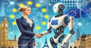 Robot shaking hands with EU politician, representing AI and premium domain collaboration